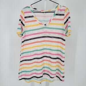 Bibi Womens Sz M Short Sleeve V Neck Rainbow Stripe Shirt Loose Knit